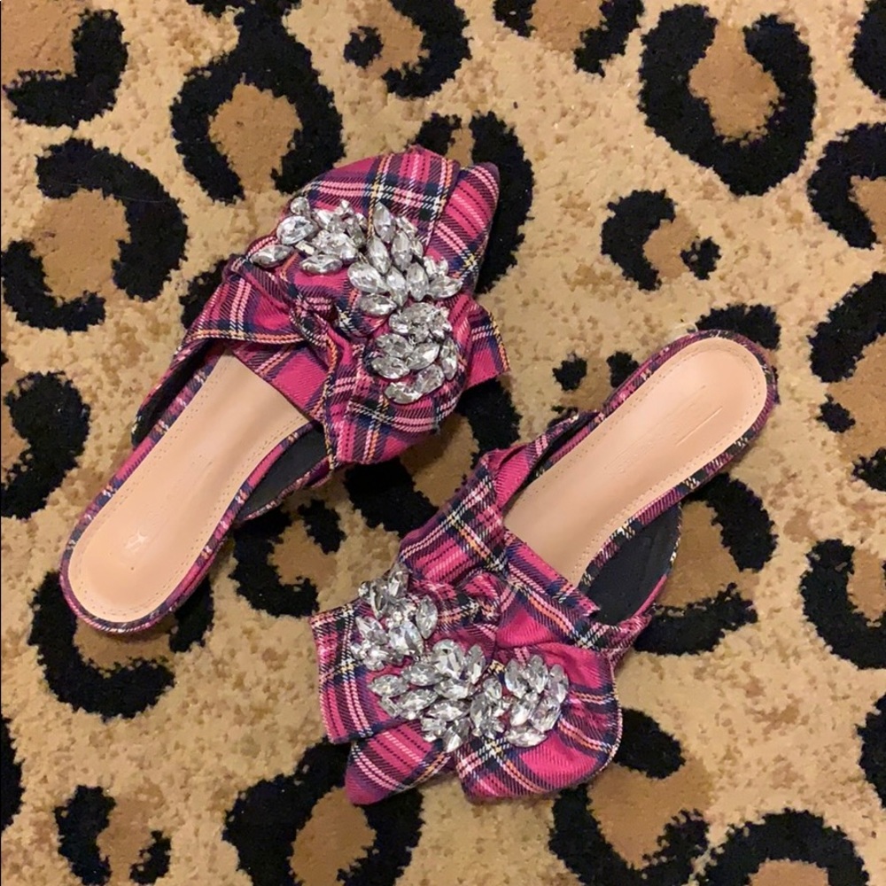 Plaid embellished low mules
